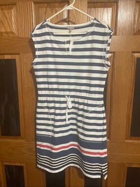 Talbots Navy, White & Red Striped Cotton Drawstring Casual Dress
